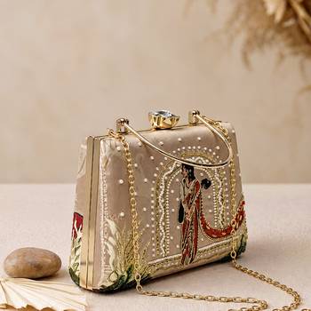 Beige traditional art embroidered clutch bag for women with detachable strap 2