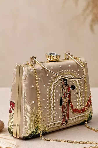 Beige traditional art embroidered clutch bag for women with detachable strap