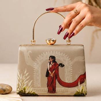 Beige traditional art embroidered clutch bag for women with detachable strap 3