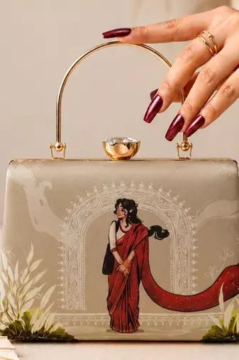 Beige traditional art embroidered clutch bag for women with detachable strap