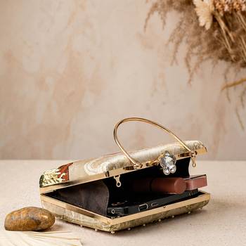 Beige traditional art embroidered clutch bag for women with detachable strap 4
