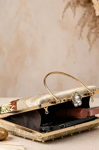 Beige traditional art embroidered clutch bag for women with detachable strap