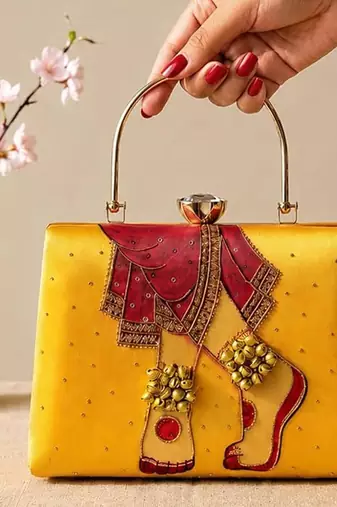 Printed royal heritage ghungroo clutch bag for women with hand embroidery