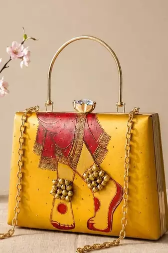 Printed royal heritage ghungroo clutch bag for women with hand embroidery