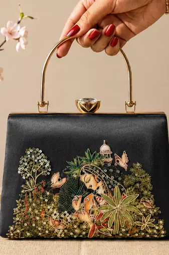 Printed enchanted garden lady clutch bag for women with hand embroidery