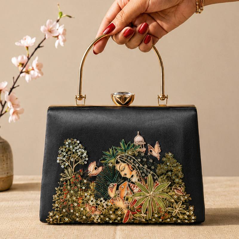 Printed enchanted garden lady clutch bag for women with hand embroidery