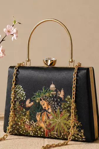 Printed enchanted garden lady clutch bag for women with hand embroidery