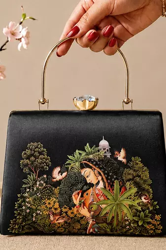 Printed enchanted garden lady clutch bag for women with hand embroidery