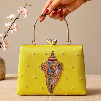 Printed heritage conch shell clutch bag for women with hand embroidery 1
