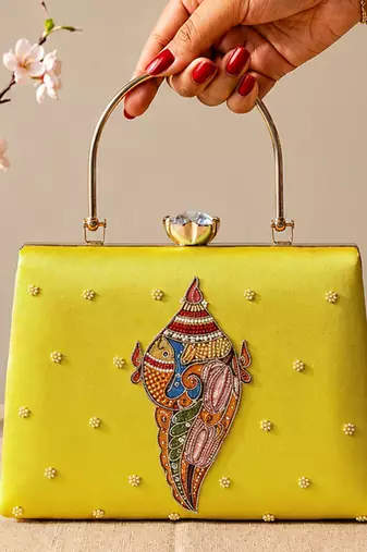 Printed heritage conch shell clutch bag for women with hand embroidery