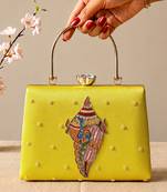 Printed heritage conch shell clutch bag for women with hand embroidery