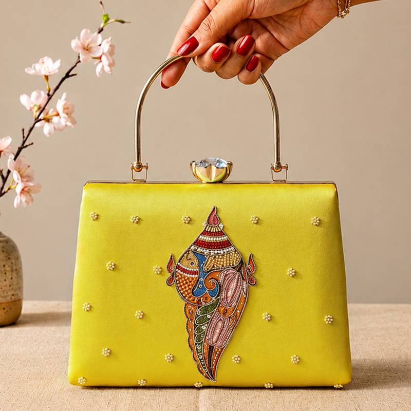 Printed heritage conch shell clutch bag for women with hand embroidery