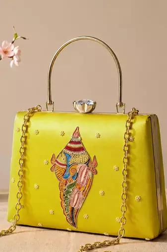 Printed heritage conch shell clutch bag for women with hand embroidery
