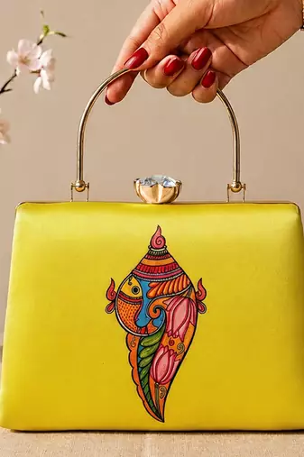 Printed heritage conch shell clutch bag for women with hand embroidery