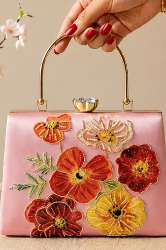Printed blossom elegance floral clutch bag for women with hand embroidery