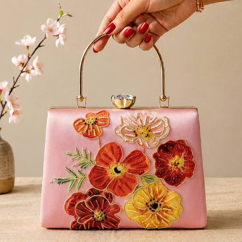 Printed blossom elegance floral clutch bag for women with hand embroidery
