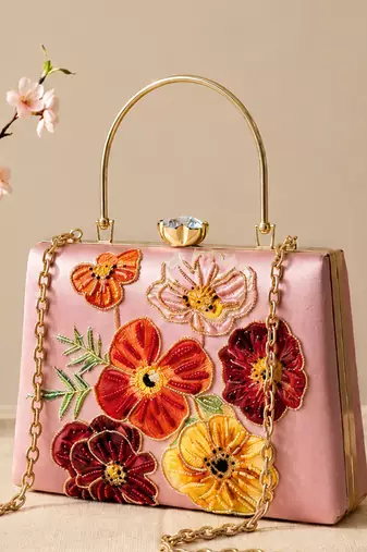 Printed blossom elegance floral clutch bag for women with hand embroidery