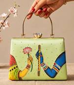 Printed divine harmony radha krishna clutch bag for women with hand embroidery