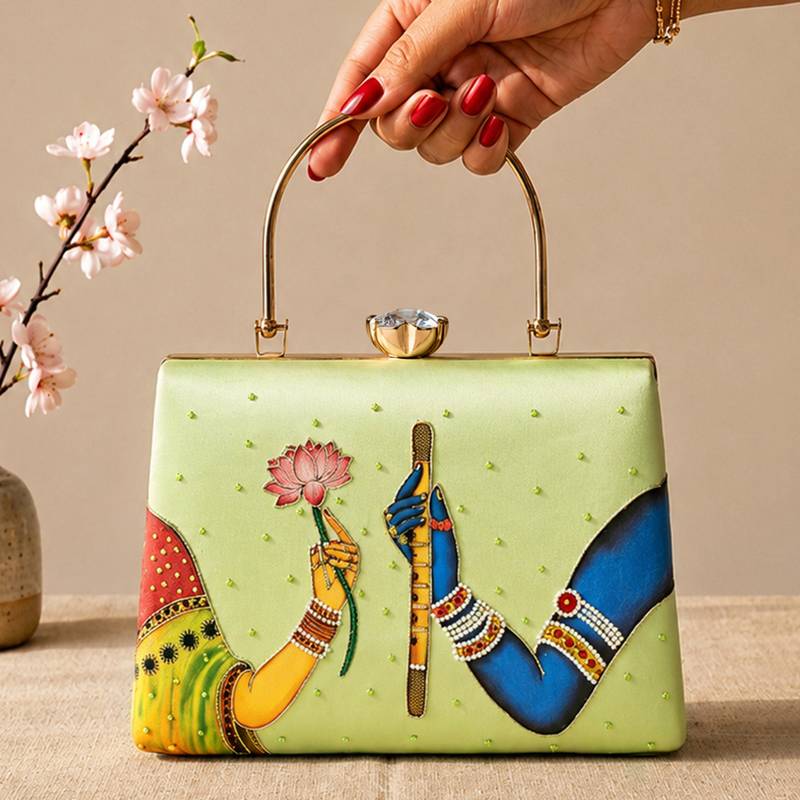 Printed divine harmony radha krishna clutch bag for women with hand embroidery