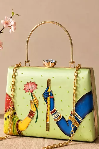 Printed divine harmony radha krishna clutch bag for women with hand embroidery