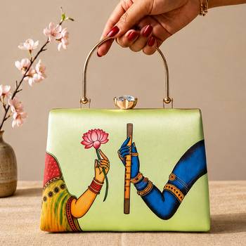 Printed divine harmony radha krishna clutch bag for women with hand embroidery 3