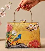 Printed golden songbird garden clutch bag for women with hand embroidery