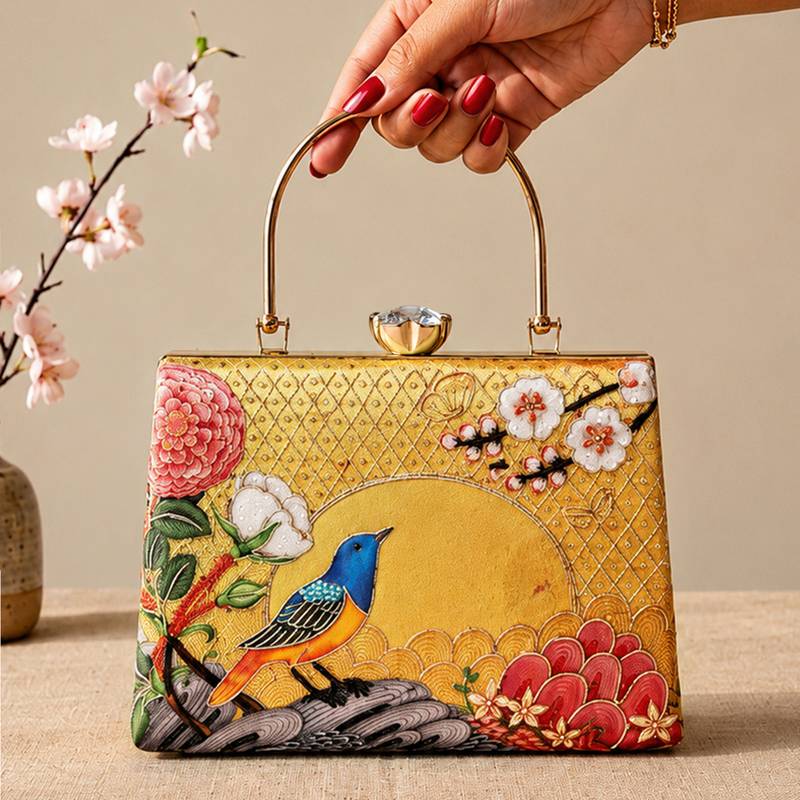 Printed golden songbird garden clutch bag for women with hand embroidery