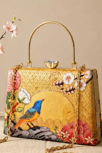 Printed golden songbird garden clutch bag for women with hand embroidery