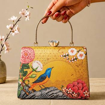 Printed golden songbird garden clutch bag for women with hand embroidery 3