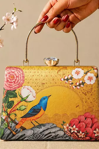 Printed golden songbird garden clutch bag for women with hand embroidery