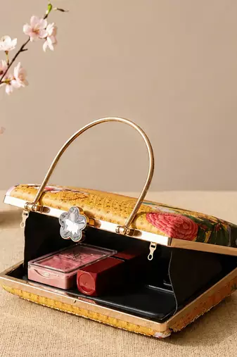 Printed golden songbird garden clutch bag for women with hand embroidery