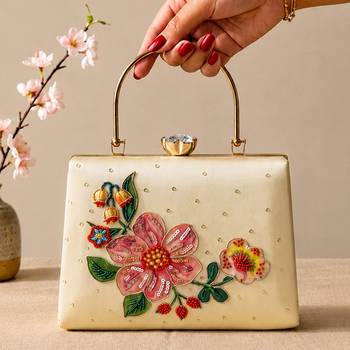 Ivory flower design clutch bag for women with detachable strap and handle 1