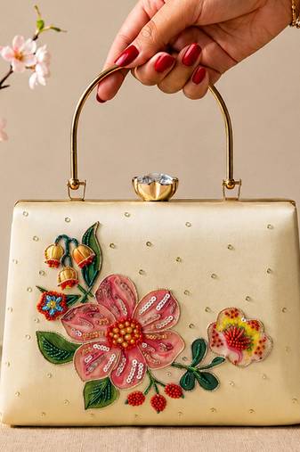 Ivory flower design clutch bag for women with detachable strap and handle