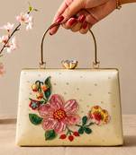 Ivory flower design clutch bag for women with detachable strap and handle