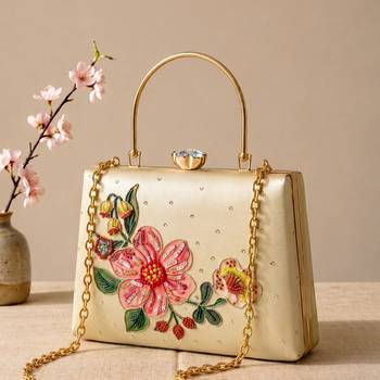 Ivory flower design clutch bag for women with detachable strap and handle 2