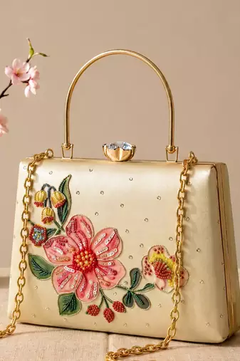 Ivory flower design clutch bag for women with detachable strap and handle