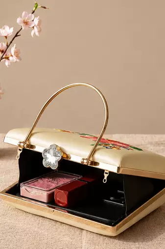 Ivory flower design clutch bag for women with detachable strap and handle