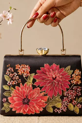 Black flower design clutch bag for women with detachable strap and handle