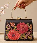 Black flower design clutch bag for women with detachable strap and handle