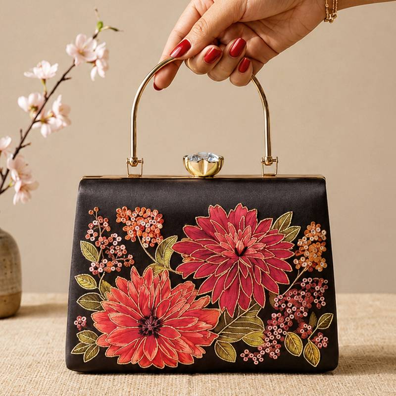 Black flower design clutch bag for women with detachable strap and handle