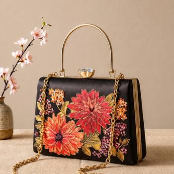 Black flower design clutch bag for women with detachable strap and handle 2