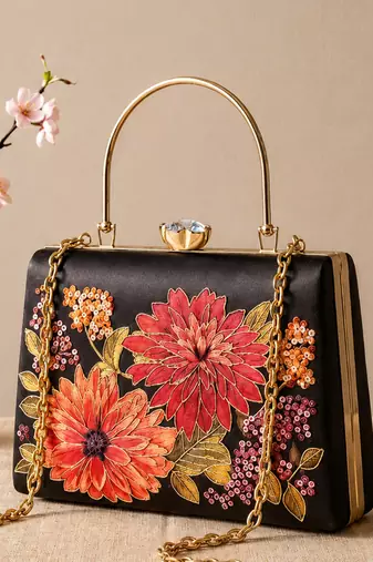 Black flower design clutch bag for women with detachable strap and handle