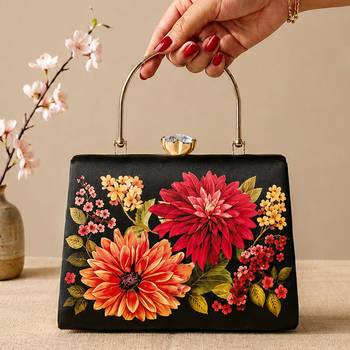 Black flower design clutch bag for women with detachable strap and handle 3