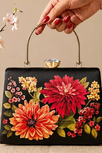Black flower design clutch bag for women with detachable strap and handle
