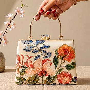 Printed luxury floral art clutch bag for women with hand embroidery 1