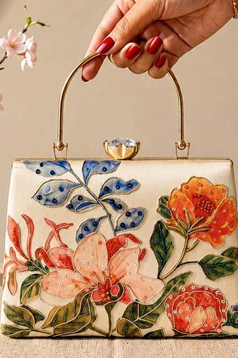Printed luxury floral art clutch bag for women with hand embroidery