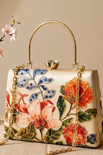 Printed luxury floral art clutch bag for women with hand embroidery