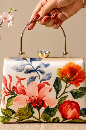 Printed luxury floral art clutch bag for women with hand embroidery