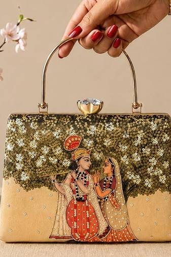 Printed radha krishna divine art clutch bag for women with hand embroidery