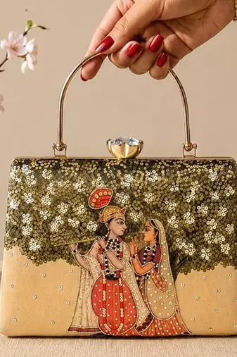 Printed radha krishna divine art clutch bag for women with hand embroidery
